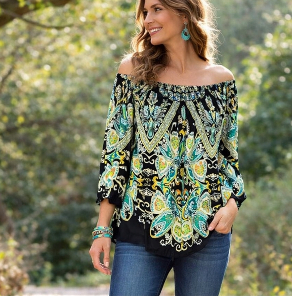 ❤️ Madison Women's Paisley Boho Peasant Blouse M Off Shoulder Smocked Tunic Top